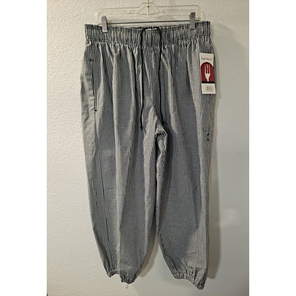 Chef Works Culinary Unisex Elastic Waistband Black White Checked Pants XL NWT